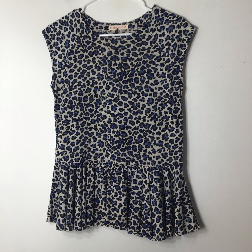Rebecca Taylor top women medium cheetah animal print blue black modest peplum